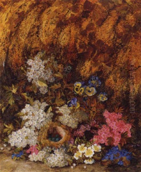 Spring Blossom And A Bird's Nest With Eggs On A Mossy Bank Oil Painting by Vincent Clare