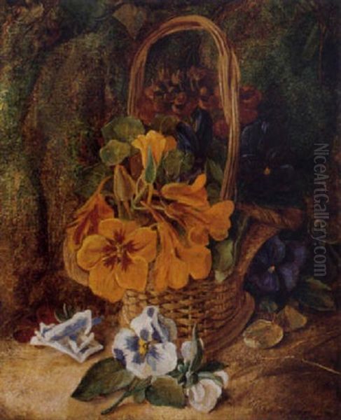 Pansies And Nasturtiums In A Wicker Basket, On A Mossy Bank Oil Painting by Vincent Clare