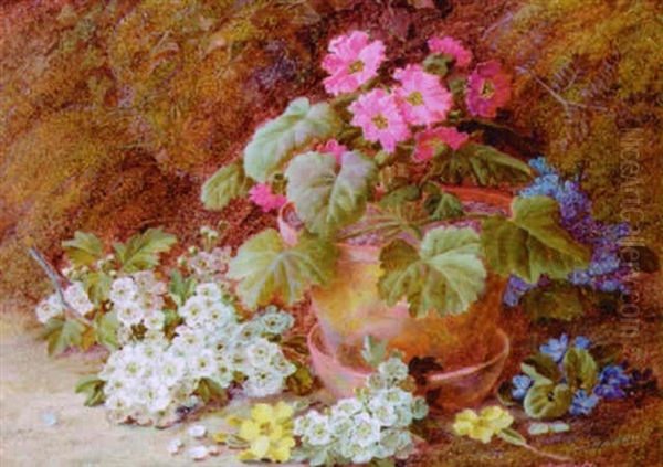 A Geranium In A Flower Pot With Primroses, May Blossom And African Violets On A Mossy Bank Oil Painting by Vincent Clare