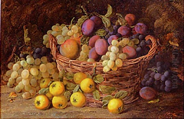 Apples, Plums, Quinces And Grapes In A Basket On A Mossy Bank Oil Painting by Vincent Clare