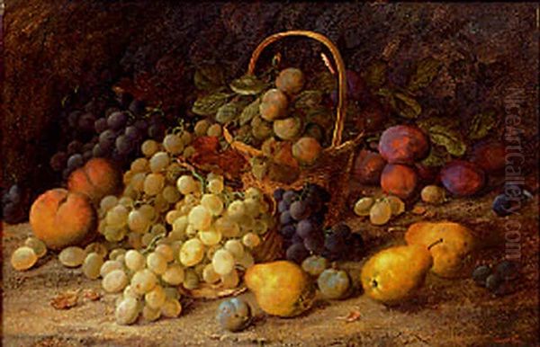 Pears, Grapes, Greengages, Plums And Peaches In A Hooped Basket On A Mossy Bank Oil Painting by Vincent Clare