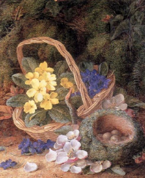 Still Life With A Bird's Nest And Spring Flowers Oil Painting by Vincent Clare