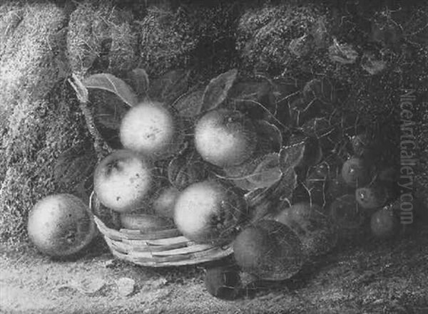 Still Life Of Fruit In A Basket On A Mossy Bank Oil Painting by Vincent Clare