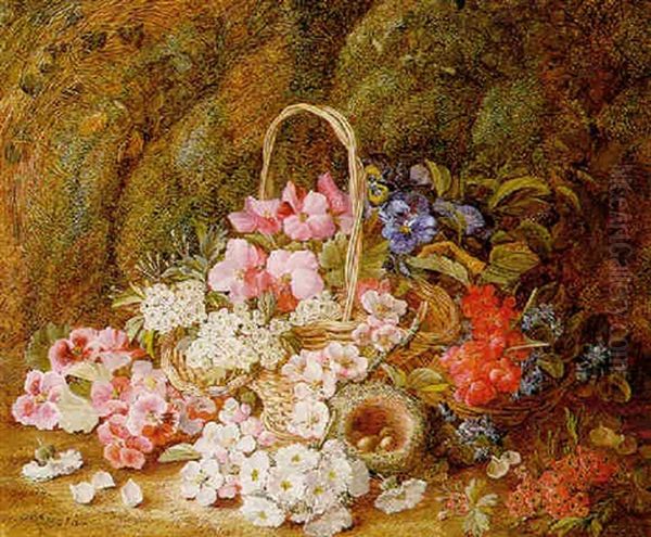 Still Life With A Basket Of Blossom, Pansies, And A Birds Nest Oil Painting by Vincent Clare