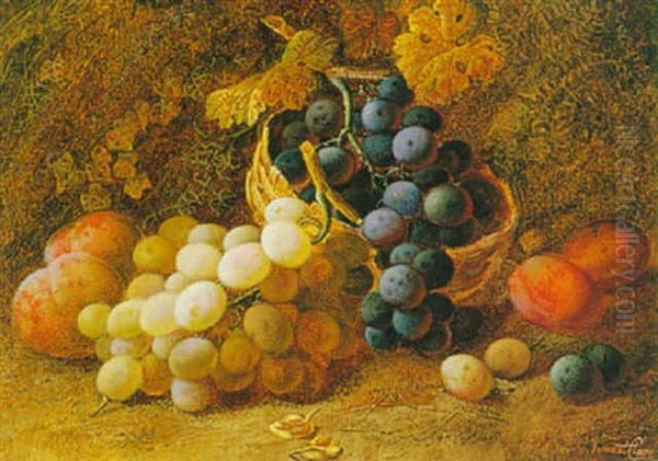 Still Life With A Basket Of Grapes, Apples And Plums (still Life With Grapes, Plums And Peaches; Pair) Oil Painting by Vincent Clare