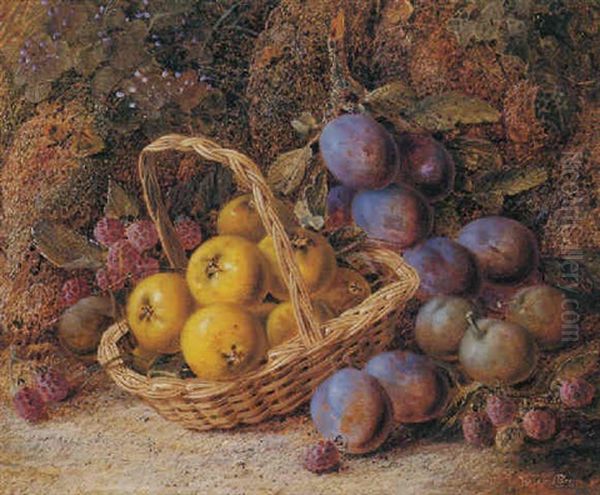 Still Life Of Apples In A Basket, Raspberries And Plums On A Mossy Bank Oil Painting by Vincent Clare