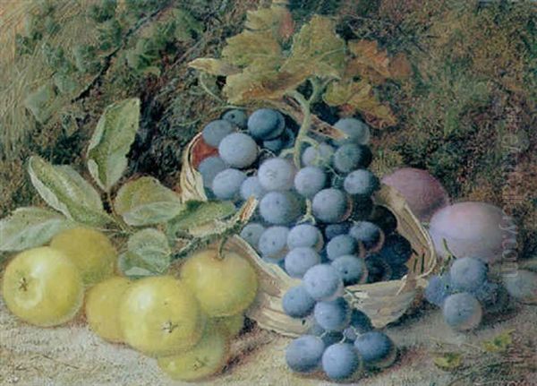 Still Life Of Grapes, Apples And Plums On A Mossy Bank Oil Painting by Vincent Clare