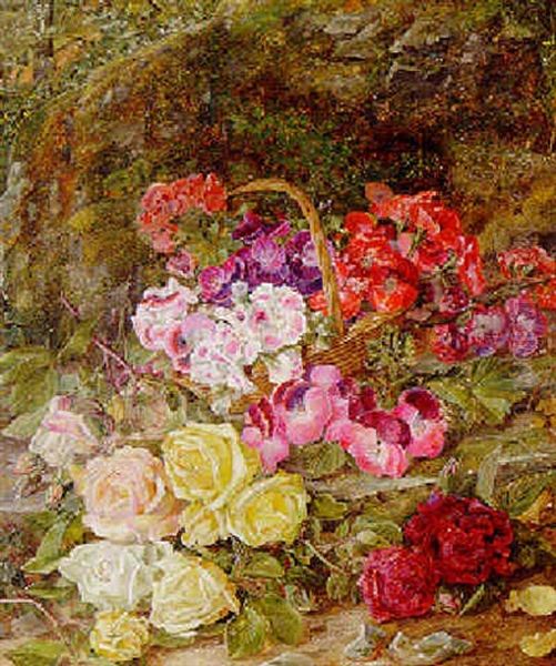 Geraniums And Sweet Peas, In A Wicker Basket With Roses On A Mossy Bank Oil Painting by Vincent Clare