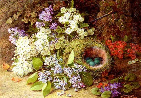 Wild Spring Flowers And A Bird's Nest On A Mossy Bank Oil Painting by Vincent Clare