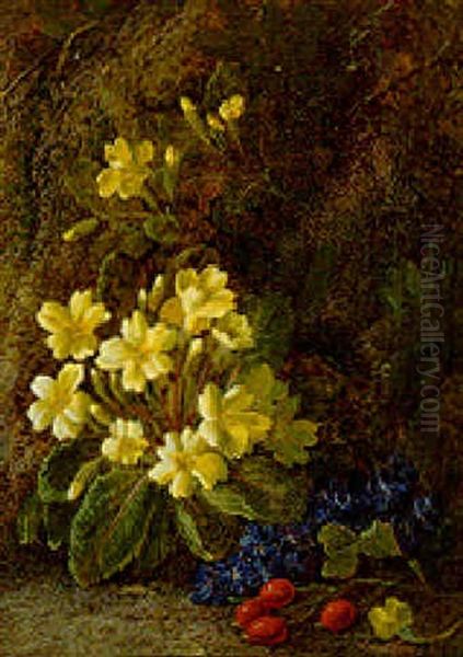 Primroses, Pansies And Rosehips On A Mossy Bank Oil Painting by Vincent Clare