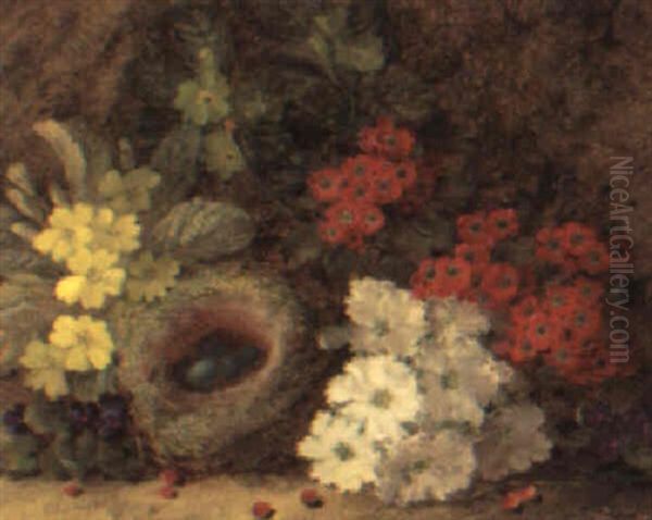 Primroses, Primulas And Violets With A Bird's Nest On A Mossy Bank Oil Painting by Vincent Clare