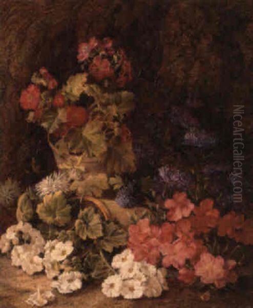 Still Life With Potted Primroses And Branches Of Azaleas And Asters Oil Painting by Vincent Clare