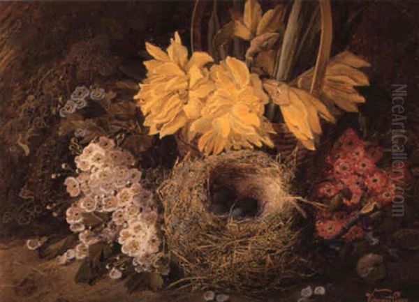 Still Life Of A Bird's Nest, A Basket Of Daffodils, Violets And Apple Blossom Oil Painting by Vincent Clare