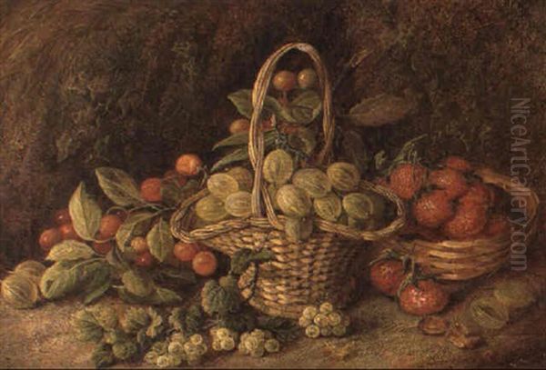 A Basket Of Gooseberries And A Basket Of Mixed Fruit On A Mossy Bank Oil Painting by Vincent Clare