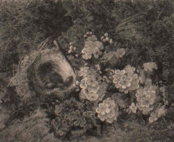 White Primula, Red Primula And A Basket Of Eggs On A Mossy Bank Oil Painting by Vincent Clare