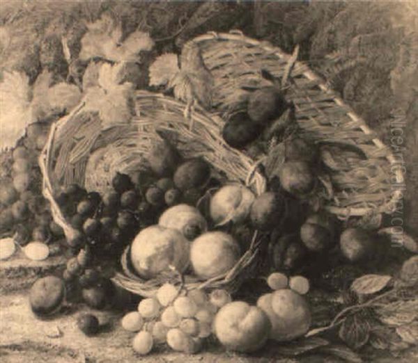 Still Life With Baskets Of Plums, Peaches And Grapes Oil Painting by Vincent Clare