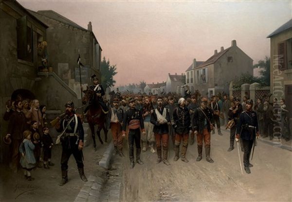 Prisonniers Francais De Toutes Armes, Escortes Par Des Prussiens, Traversant Une Ville Francaise Vers 1870/1871 Oil Painting by Antoine Gabriel Gaston Claris