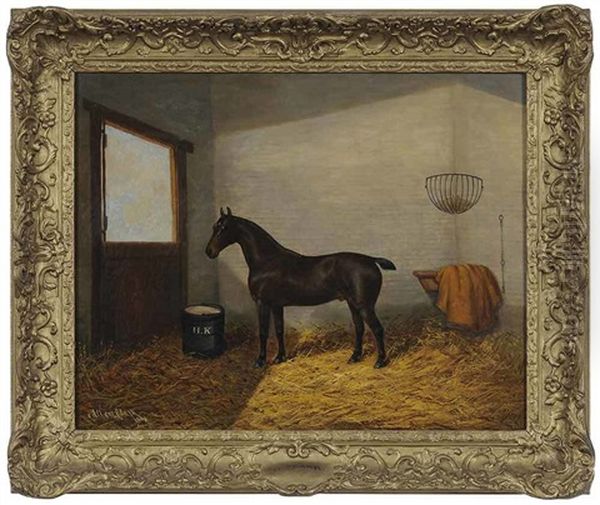 A Dark Bay Horse In A Loose Box Oil Painting by Albert Clark