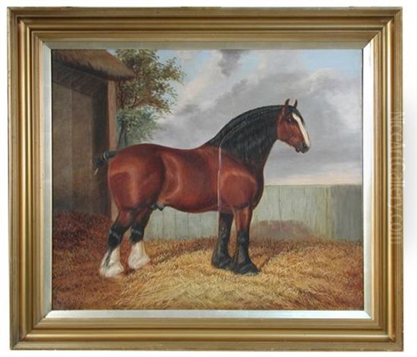 Study Of A Bay Shire In A Farmyard; And Study Of A Dark Bay Shire Horse In A Farmyard Oil Painting by Albert Clark