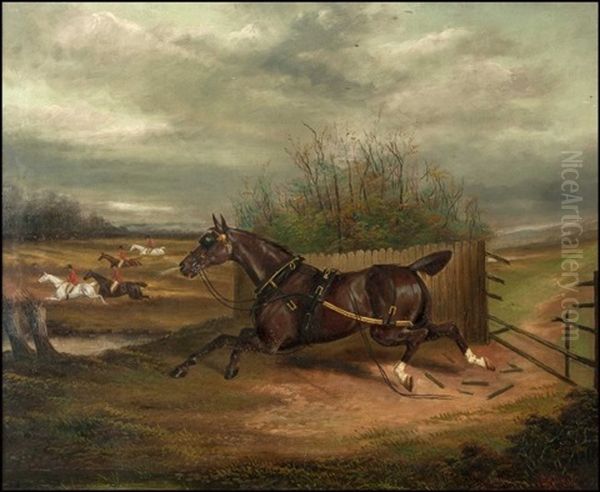 The Runaway, A Work Horse Breaking Through A Gate To Follow The Hunt, In A Landscape by Albert Clark