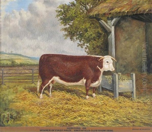 Hereford Ox (+ A Prize Bull By A Barn; 2 Works) Oil Painting by Albert Clark