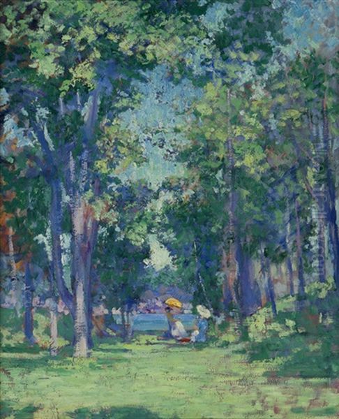 Summer Afternoon, Figures With Parasols Seated Beneath Trees Oil Painting by Alson Skinner Clark