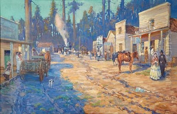 The Passing Of The Pony Express, Arrival Of The First Passenger Train At Truckee, May 11 Oil Painting by Alson Skinner Clark