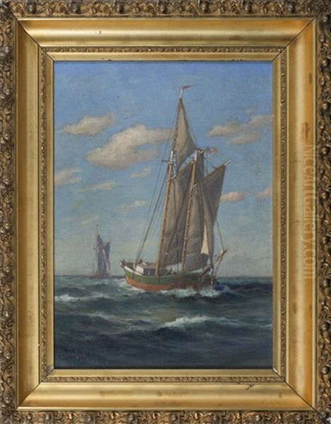 Gaff-rigged Boat At Sea Oil Painting by C. Myron Clark