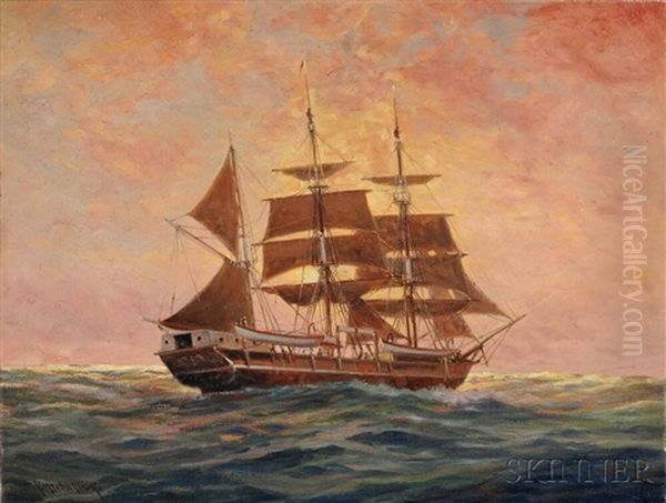 Sailing Ship At Sunset Oil Painting by C. Myron Clark