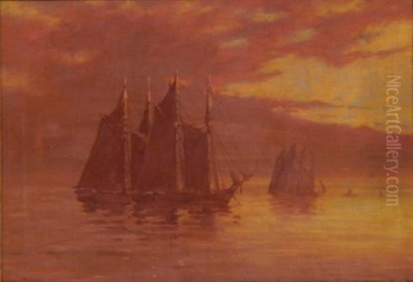 Ship At Sunset Oil Painting by C. Myron Clark