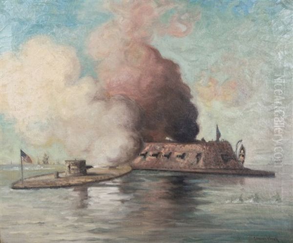 The Monitor And The Merrimack - Battle Of Hampton Roads, March 9 Oil Painting by C. Myron Clark