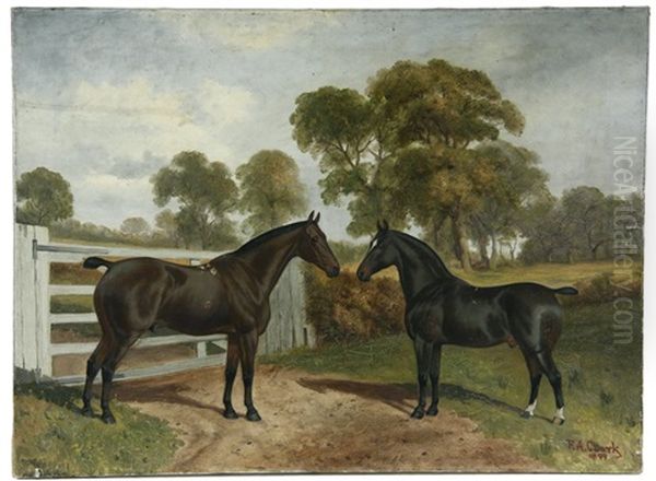 Two Thoroughbreds At Gate Oil Painting by Frederick Albert Clark