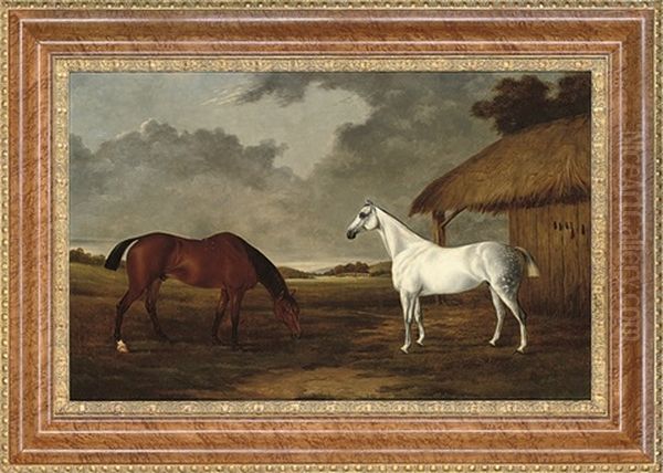 A Bay And A Grey Horse Grazing Beside A Stable Oil Painting by Frederick Albert Clark