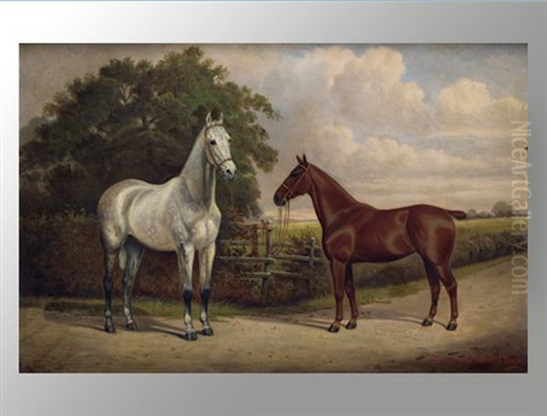 Kitty Grey And Kitty. Zwei Pferde Am Paddock Oil Painting by Frederick Albert Clark