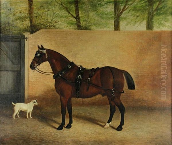 Horse And Terrier In Paddock Oil Painting by James Clark