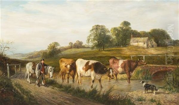 Leading Cattle Oil Painting by James Clark