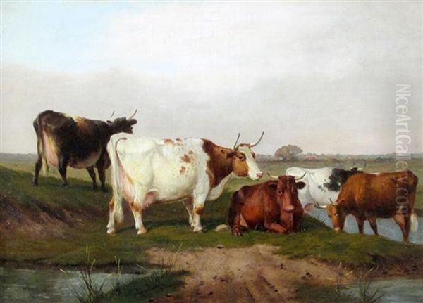 Cattle Watering Oil Painting by James Clark