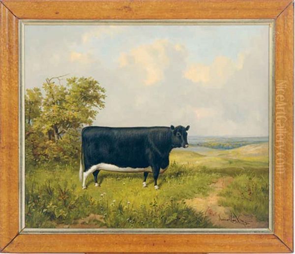 A Black And White Cow In A Landscape Oil Painting by James Clark