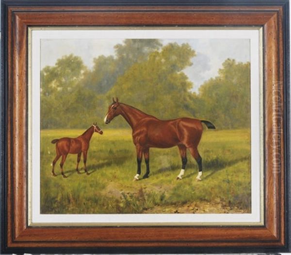 A Chestnut Mare With Her Foal Oil Painting by James Clark