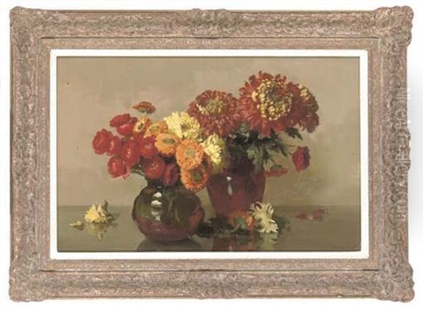 Ranunculus, Marigolds And Chrysanthemums In Two Red Glazed Vases by James Clark