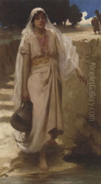 An Eastern Girl Fetching Water From The Stream Oil Painting by James Clark