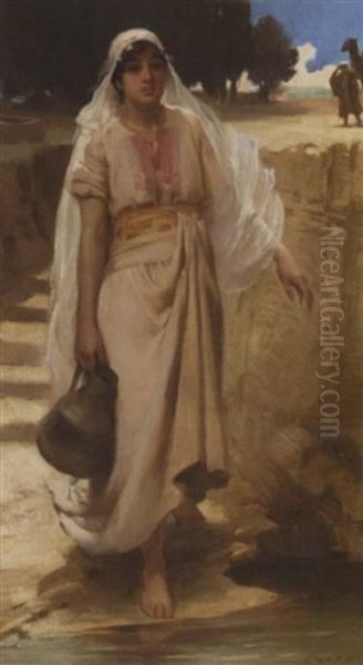 An Arab Woman Fetching Water From A Stream Oil Painting by James Clark