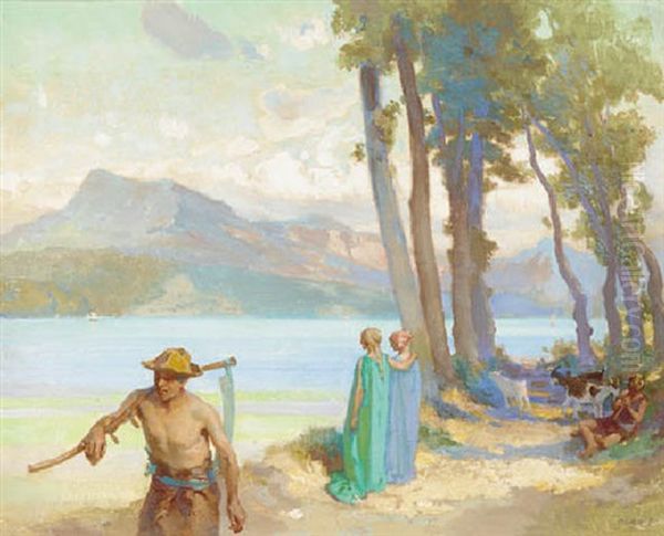 Figures In An Extensive Lake Landscape Oil Painting by James Clark