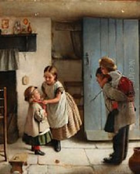 Four Children Are Getting Ready For An Excursion Oil Painting by Joseph Clark