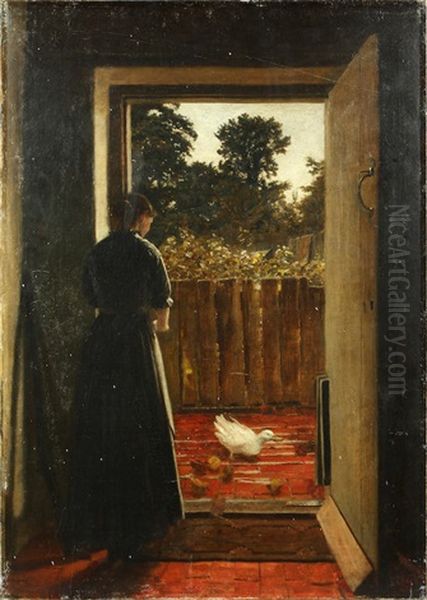 Maid Feeding Duck And Ducklings At A Cottage Door Oil Painting by Joseph Clark