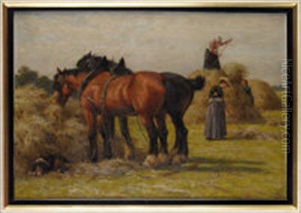 A Team Of Horses And Farm Workers In A Hay Field Oil Painting by Joseph Dixon Clark