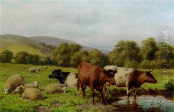 Cattle And Sheep Resting In A Water Meadow Oil Painting by Joseph Dixon Clark