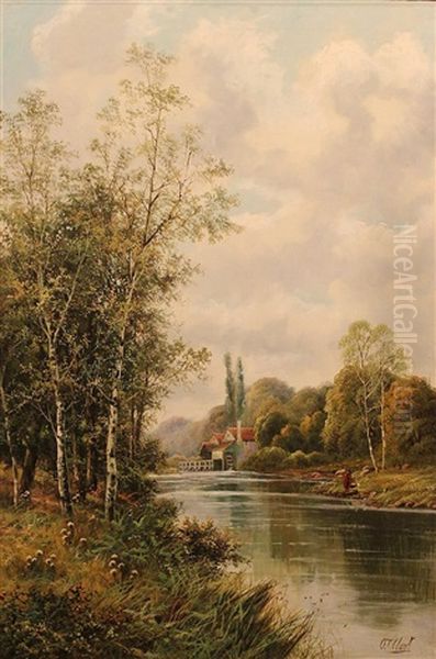 River Landscape With A Watermill In The Background Oil Painting by Octavius Thomas Clark