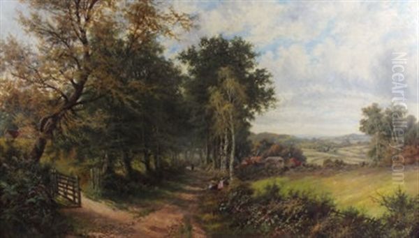 Summer Landscape With Figures And A Dog And Wooded Lane With A Figure Beside Silver Birch Trees And A Cottage (a Pair) Oil Painting by Octavius Thomas Clark