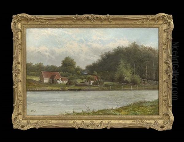 River Landscape With Cottages Oil Painting by Octavius Thomas Clark